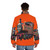 An orange puffer jacket inspired by Nia, the tank engine from the East Africa Railway - men back
