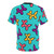 A t-shirt featuring a fun, colorful pattern of balloon-style dog illustrations in blue, yellow, red, and other bright colors. - Back