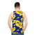 Abstract yellow floral pattern on blue unisex tank top - men back