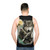 Unisex tank top with three wolves howling at the full moon in the wilderness - men back