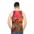 Colorful surreal unisex tank top with retro futuristic design featuring cars and space elements - men back