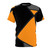 A stylish t-shirt featuring an abstract geometric color block pattern in shades of gray, orange, and black.