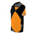 A stylish t-shirt featuring an abstract geometric color block pattern in shades of gray, orange, and black. - men left