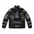 A beautiful puffer jacket featuring a jazz music inspired design, perfect for the holiday season.