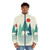 A person wearing a puffer jacket with a bear and geometric design in a snowy, mountainous landscape - men front