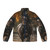 Puffer jacket featuring a bay horse trotting in the rain on an autumn day