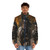 Puffer jacket featuring a bay horse trotting in the rain on an autumn day - men front