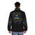 A fashionable puffer jacket featuring the Basement Jaxx logo design - men back