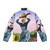 A puffer jacket featuring a retro 80s style design with pop art elements and a vintage comic book aesthetic. - Back
