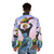 A puffer jacket featuring a retro 80s style design with pop art elements and a vintage comic book aesthetic. - men back