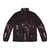 Three gothic sisters wearing a dark, spooky puffer jacket