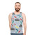 Rainy day unisex tank top with a colorful pattern of umbrellas, clouds, and lightning - men