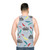 Rainy day unisex tank top with a colorful pattern of umbrellas, clouds, and lightning - men back