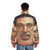 A puffer jacket with an exaggeratedly large chin, inspired by a popular internet meme - men back