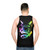 Vibrant rainbow music cat with headphones on a unisex tank top - men back