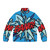Vibrant comic book inspired puffer jacket with pop art graphics