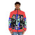 Colorful 80s style puffer jacket with bold banana print design - men front