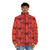 A vibrant orange puffer jacket with autumn leaves design - men front