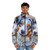 Australian Shepherd dog wearing a puffer jacket in blue and brown colors - men front