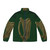 Green and gold puffer jacket featuring a golden Irish Celtic harp design