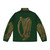 Green and gold puffer jacket featuring a golden Irish Celtic harp design - Back