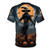 A t-shirt featuring a spooky scarecrow silhouette against a mysterious, moonlit night sky. - Back
