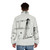 Colorful abstract art puffer jacket designed by renowned artist Gene Davis - men back