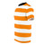 Model wearing an orange and white striped graphic t-shirt with a bold, contemporary pattern - men left