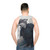 Unisex tank top with Japanese samurai and kitsune fox design - men back