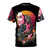 Futuristic sci-fi t-shirt with colorful cyberpunk and cosmic design on model