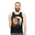 An astronaut in a space suit surrounded by flowers and stars on a cosmic, surreal tank top - men