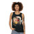 An astronaut in a space suit surrounded by flowers and stars on a cosmic, surreal tank top - women