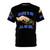 Fashionable blue and black graphic t-shirt featuring a unique all-over print design