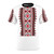 Model wearing a t-shirt with a traditional Ukrainian vyshyvanka embroidery pattern