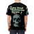 Vintage-style t-shirt with The Living Dead at Manchester Morgue design featuring zombies, skulls, and a spooky morgue scene. - men back