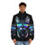 Music Lover Cat Puffer Jacket with Neon Equalizer Graphics and City Skyline - men front