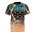 A t-shirt featuring an abstract design of ombre gradient cubes in a geometric pattern with gold accents.