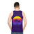 Retro synthwave unisex tank top with palm trees and sunset - men back
