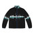 Black puffer jacket with white soundwave and city graphics