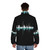 Black puffer jacket with white soundwave and city graphics - men back