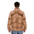 Muscular man wearing a puffer jacket that highlights his six pack abs - men back