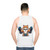 Humorous cat lifting weights in a gym tank top - men back