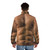 Muscle man wearing a puffer jacket with 6 pack abs - men back