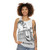 Unisex medieval-inspired tank top with a woodcut-style monster lurking in an apple orchard - women