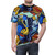 Colorful t-shirt design featuring jazz and blues musical instruments like saxophones and congas - men front