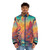 Colorful puffer jacket featuring a city of monkeys design - men front