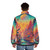 Colorful puffer jacket featuring a city of monkeys design - men back