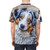 A stylish t-shirt featuring an illustration of an adorable Australian Shepherd dog with its distinctive shaggy coat and expressive eyes. - men back