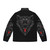 Black wolf puffer jacket with fierce red eyes and animal graphic design - Back
