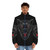 Black wolf puffer jacket with fierce red eyes and animal graphic design - men front
